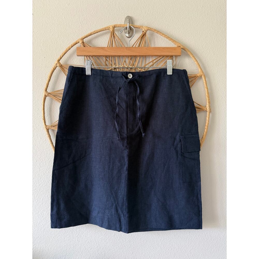 NWT Vtg Requirements Linen Blend Navy Blue Skirt Knee Drawstring Pockets S/M